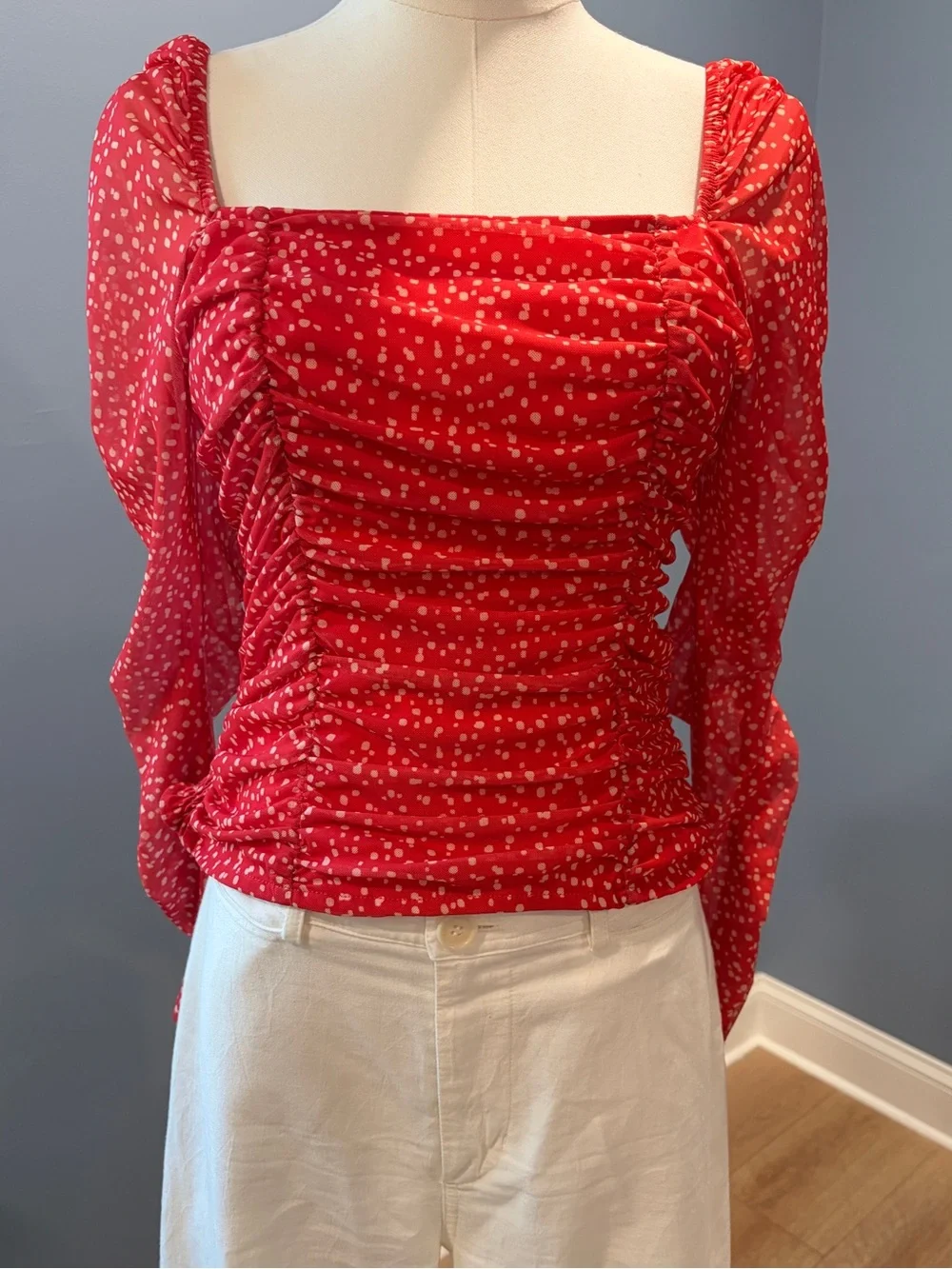Maeve by Anthropologie Ruched Mesh Polka Dot Top Medium